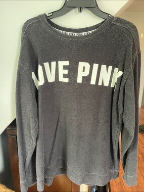 LOVE PINK Cozy Pullover Sweatshirt - Charcoal/ Black with White Lettering